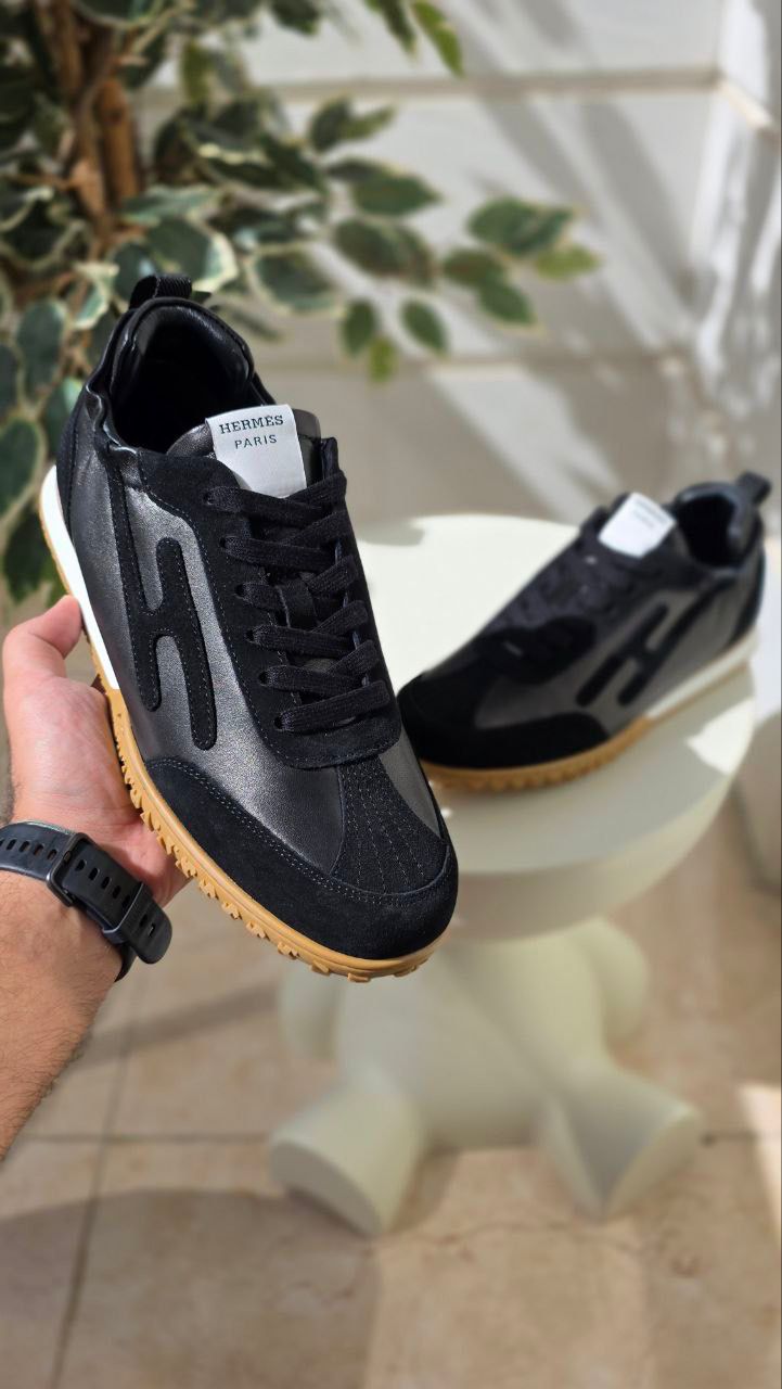 Hermes Black Leather and Suede Sneakers