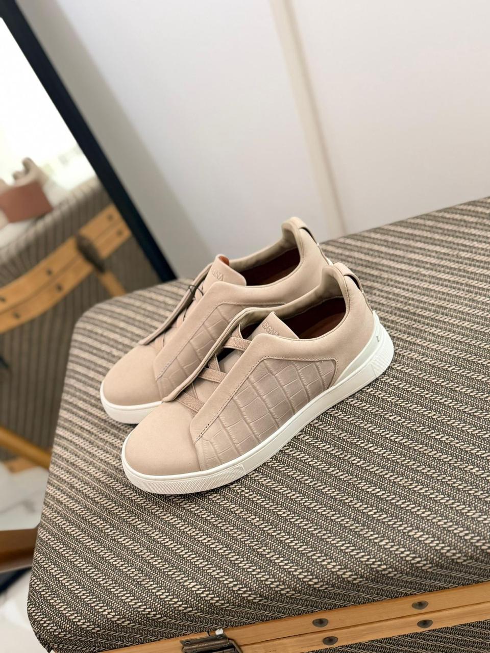 Zegna CrocoPanel Suede Slip-On Sneakers – Sand Beige Edition