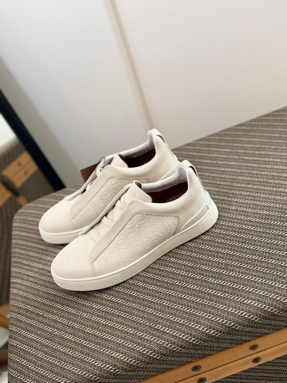 Zegna CrocoPanel Suede Slip-On Sneakers – Ivory Edition
