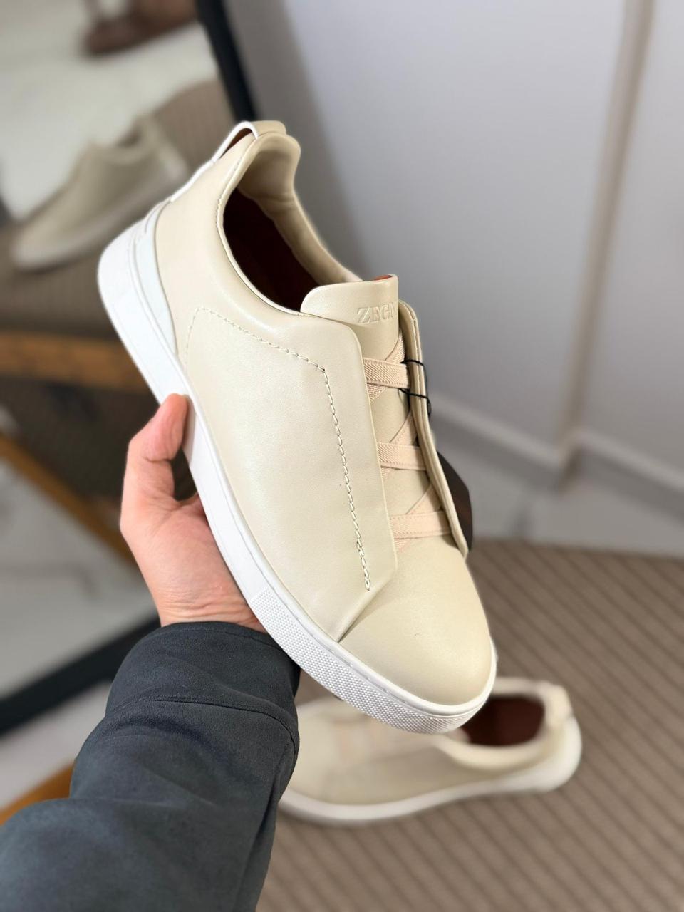 Zegna TerraFlex Smooth Leather Slip-On Sneakers – Cream Edition