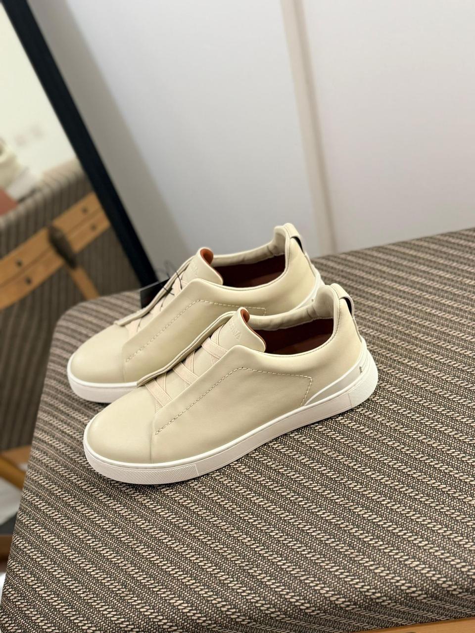Zegna TerraFlex Smooth Leather Slip-On Sneakers – Cream Edition