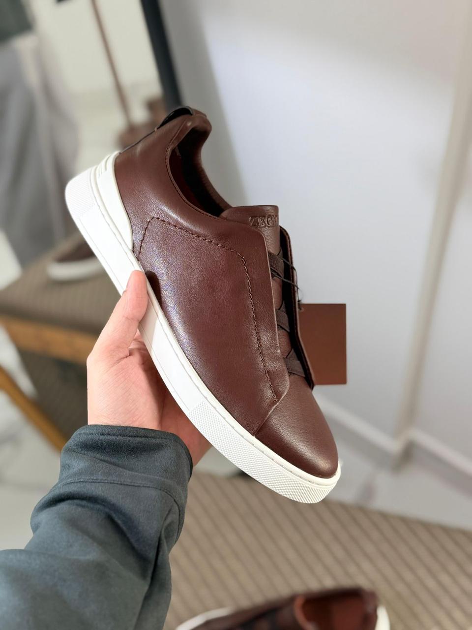 Zegna TerraFlex Smooth Leather Slip-On Sneakers – Espresso Brown Edition