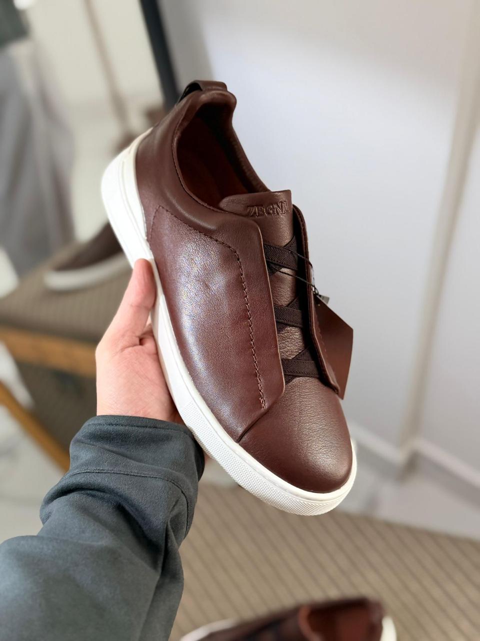 Zegna TerraFlex Smooth Leather Slip-On Sneakers – Espresso Brown Edition