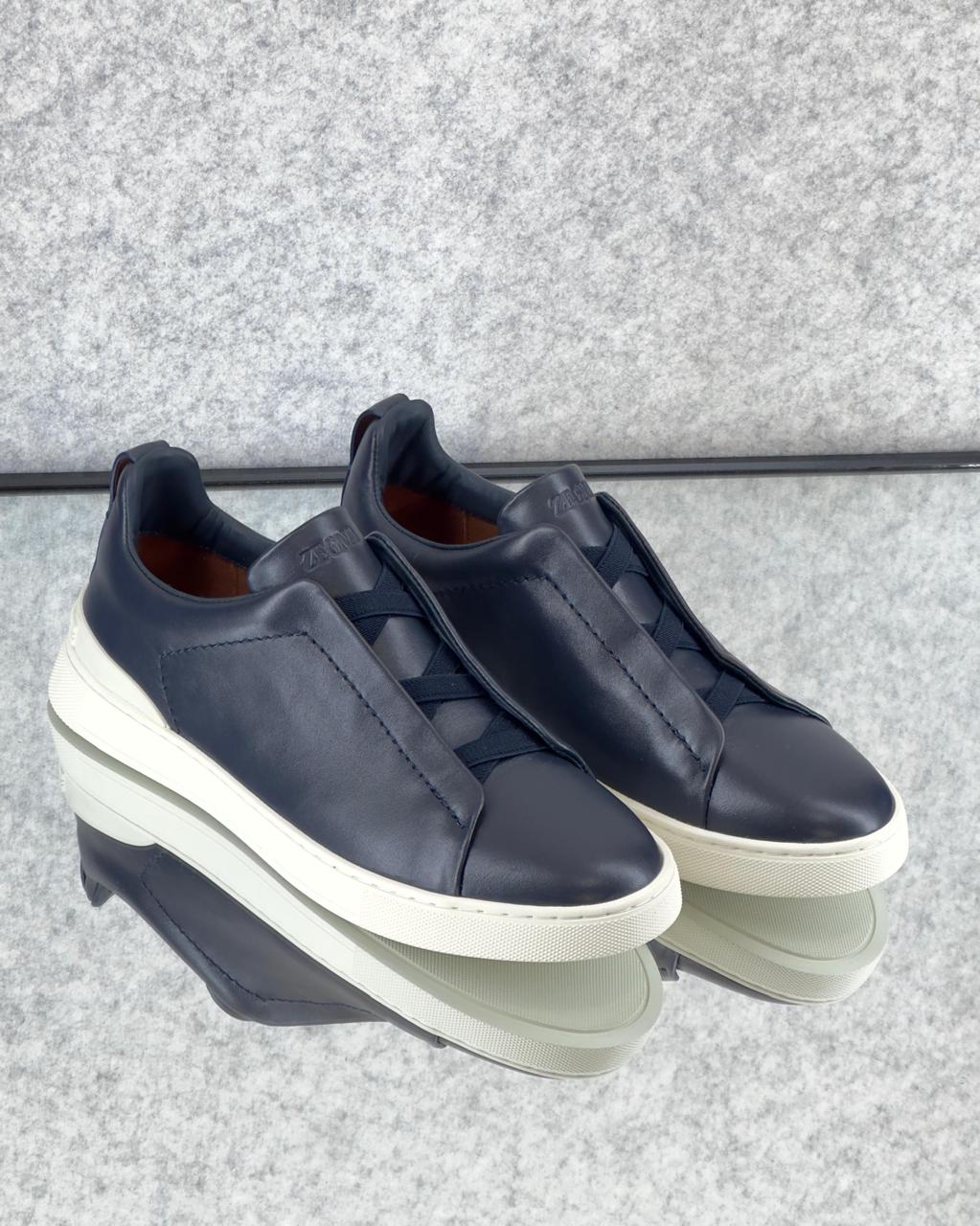 Zegna TerraFlex Smooth Leather Slip-On Sneakers – Navy Edition