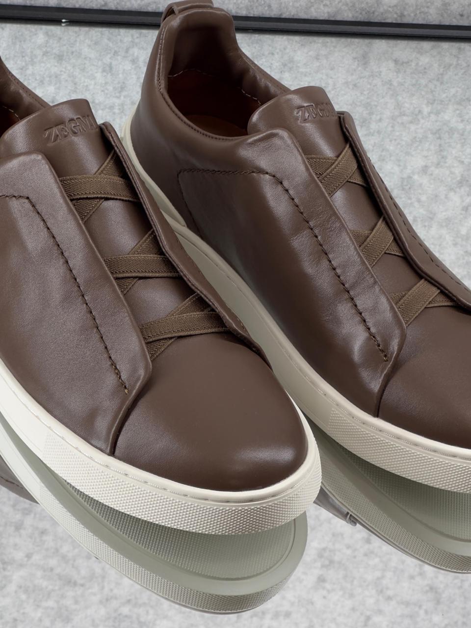 Zegna TerraFlex Smooth Leather Slip-On Sneakers – Mocha Brown Edition
