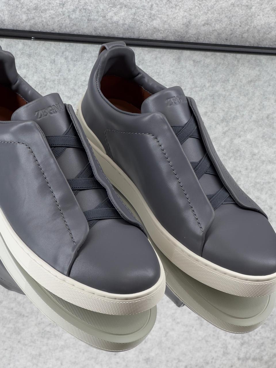 ZEGNA Triple Stitch™ Grey Leather Sneakers