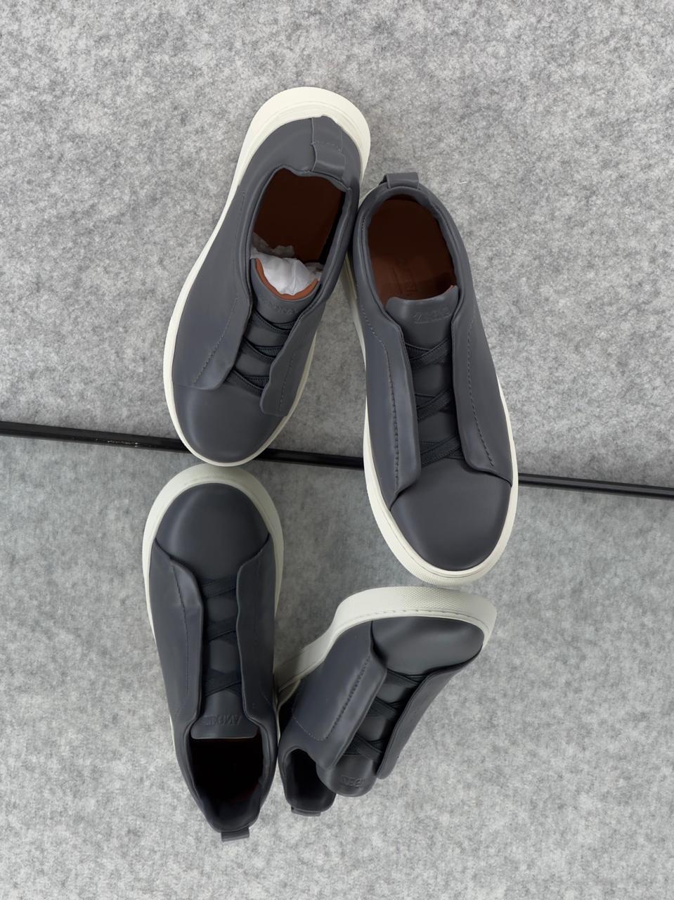 ZEGNA Triple Stitch™ Grey Leather Sneakers