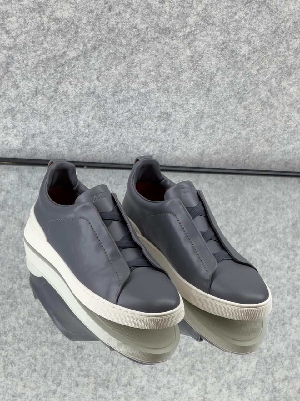 ZEGNA Triple Stitch™ Grey Leather Sneakers