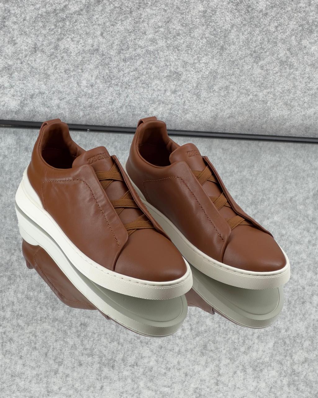 ZEGNA Triple Stitch™ Tan Leather Sneakers