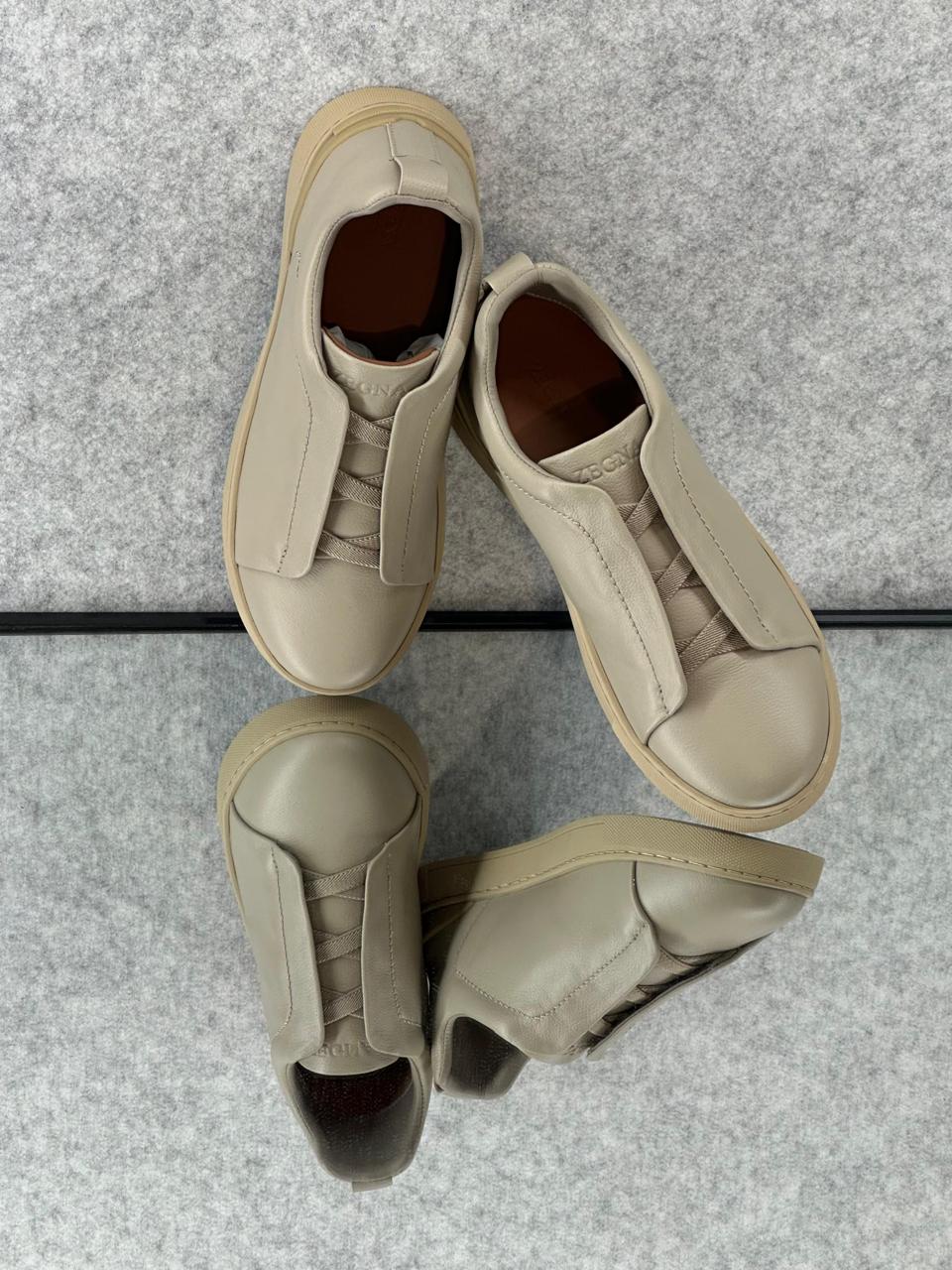 Zegna Beige Leather Slip-On Sneakers