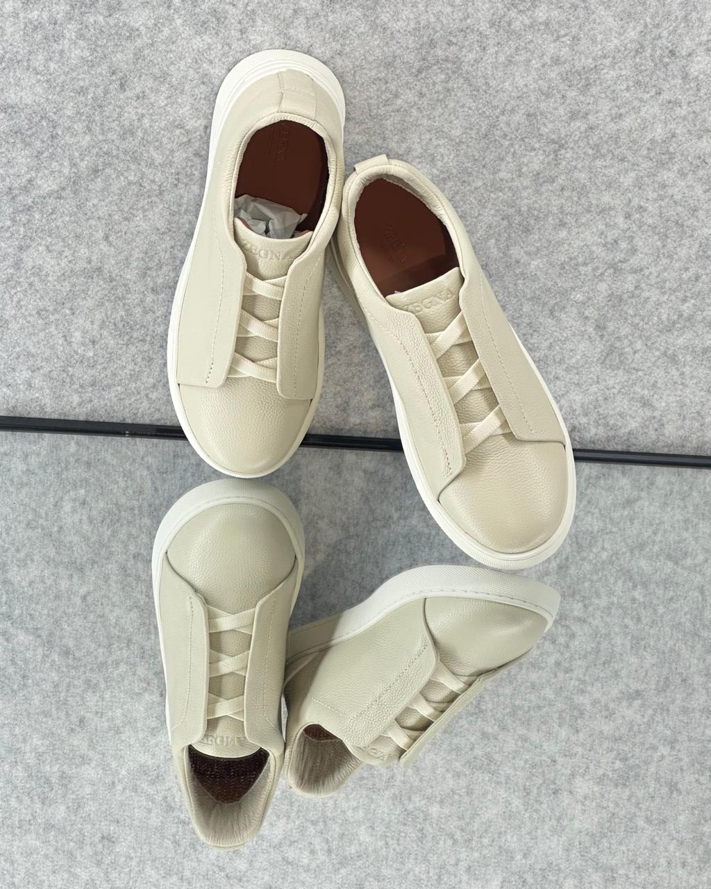 Zegna Cream Leather Slip-On Sneakers