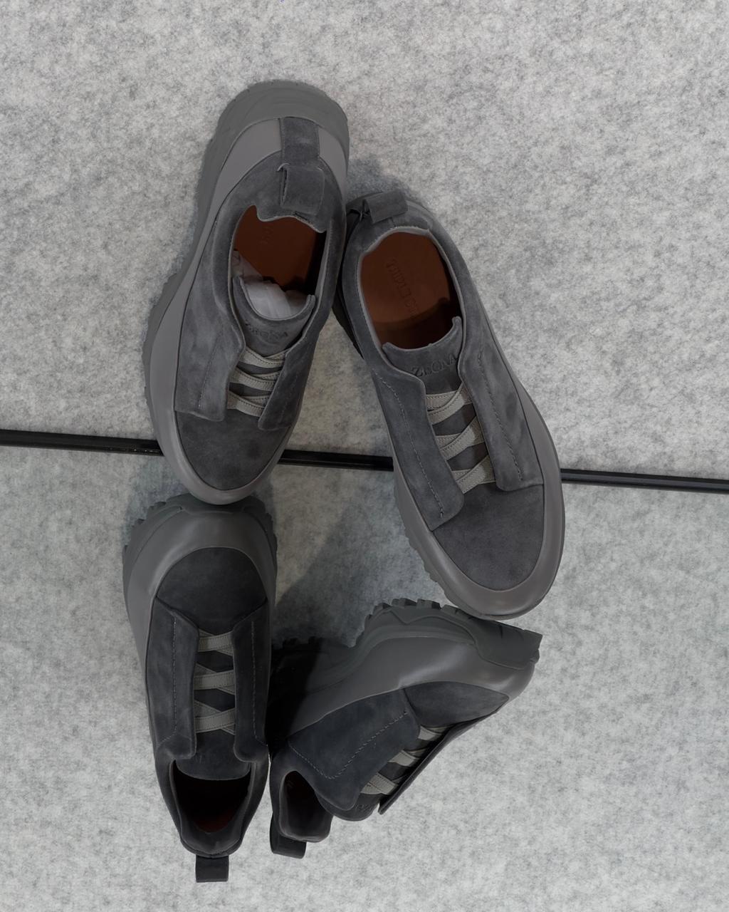 Zegna Grey Suede Slip-On Sneakers