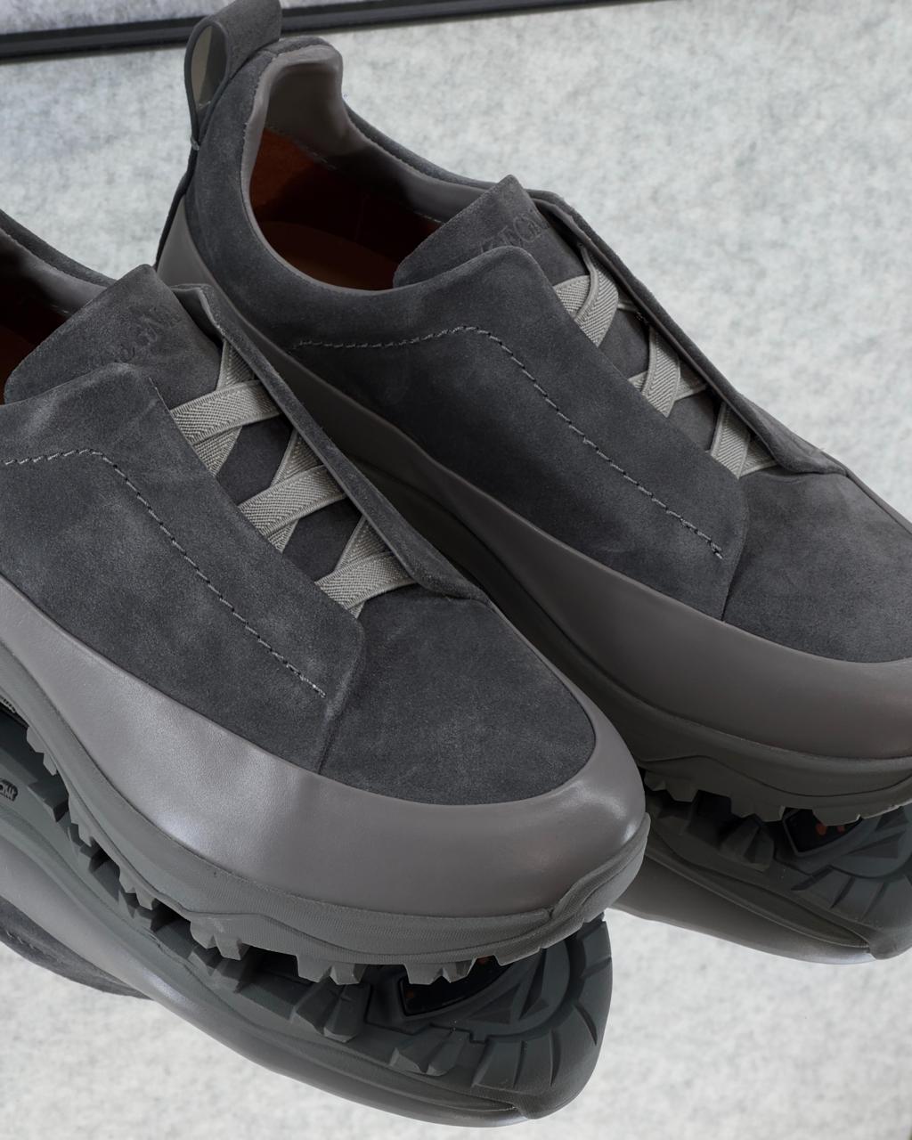 Zegna Grey Suede Slip-On Sneakers