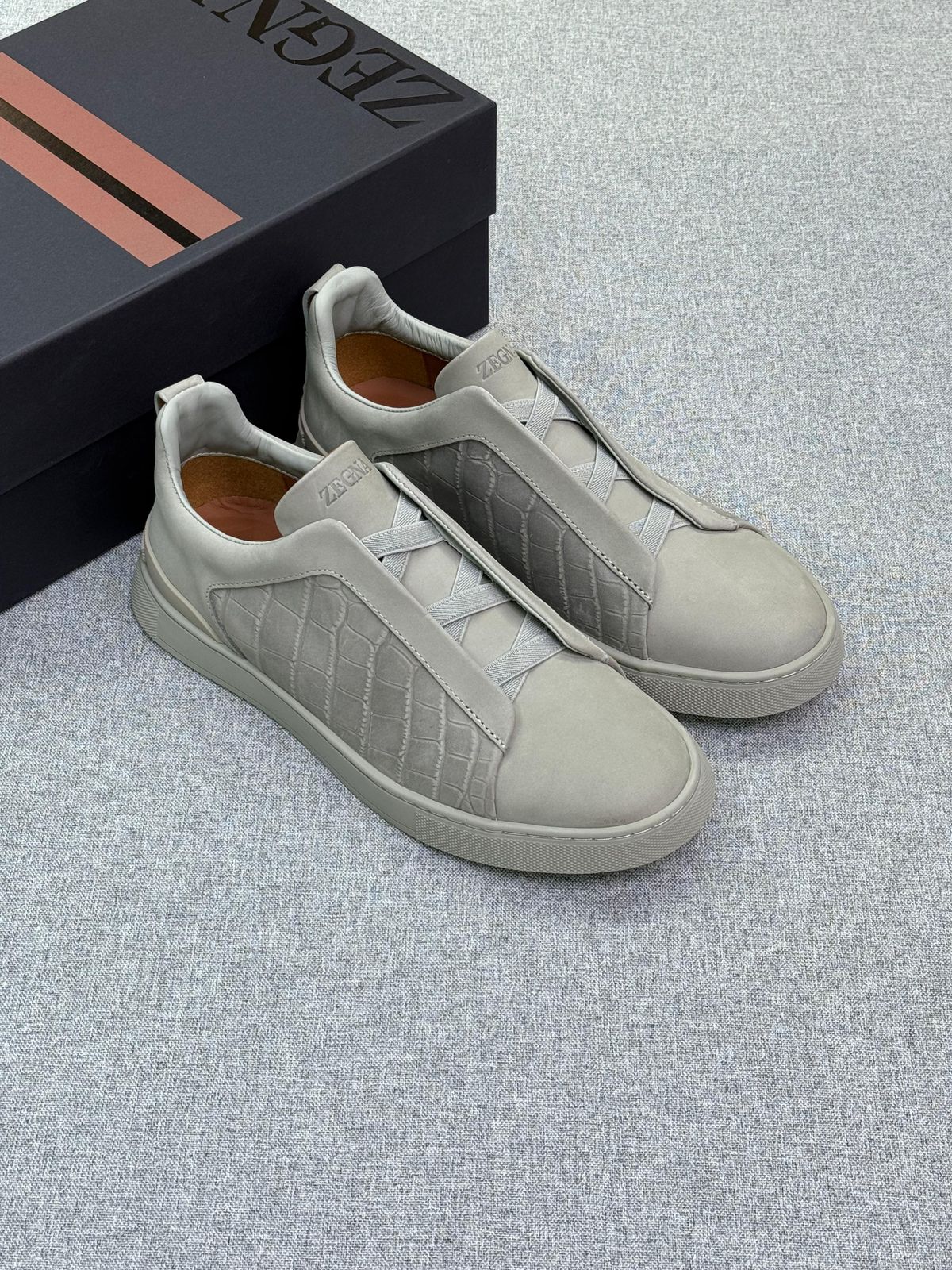 Zegna Croc-Embossed Lace-Panel Sneakers