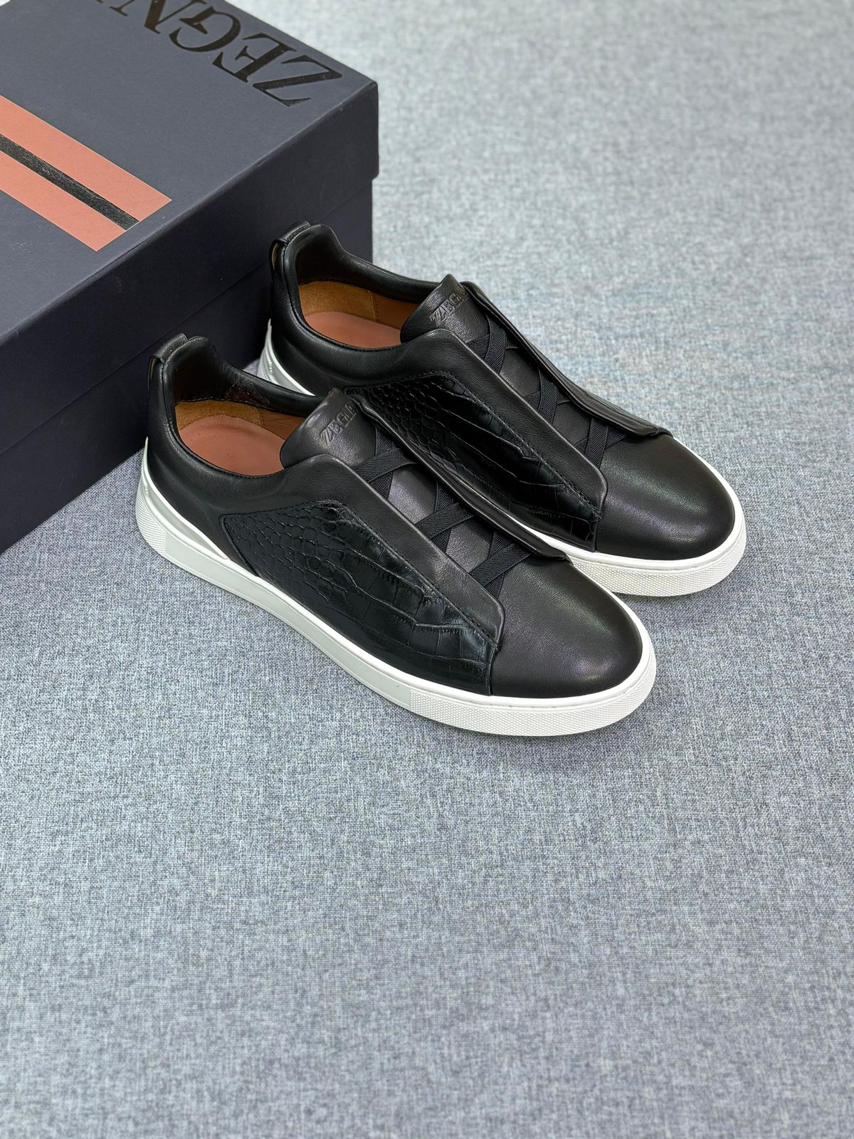 Zegna Croc-Embossed Leather Panel Sneakers