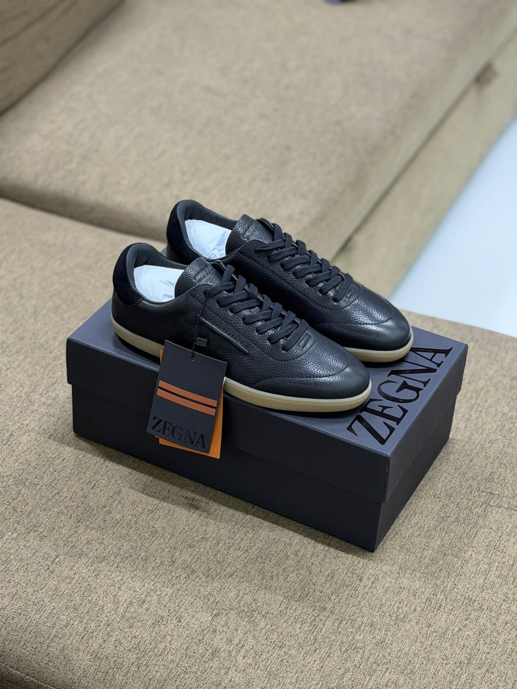 ZEGNA Valencia Grained Leather Sneakers (Black / Gum Sole)